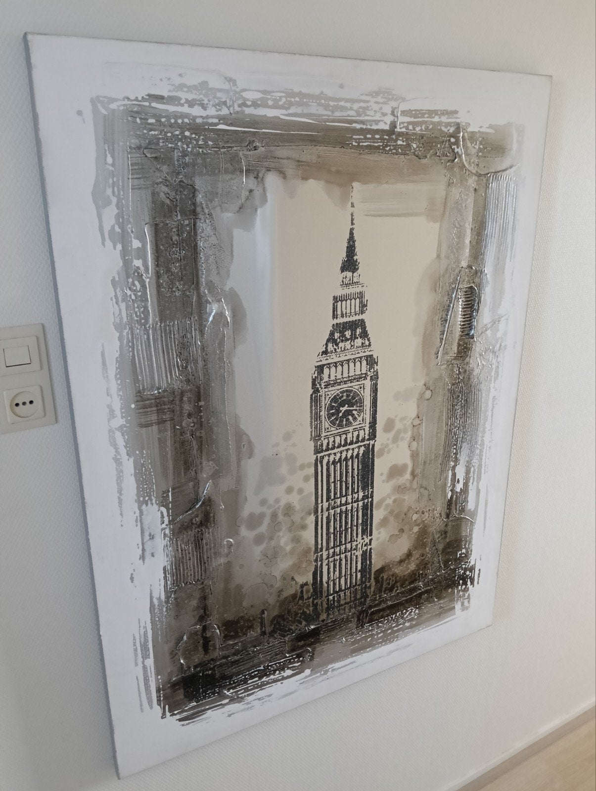 Uniek Big Ben kunstwerk - zilver met glitter & glans, Ophalen, Op houten frame, Gemengde techniek, Stadsgezicht