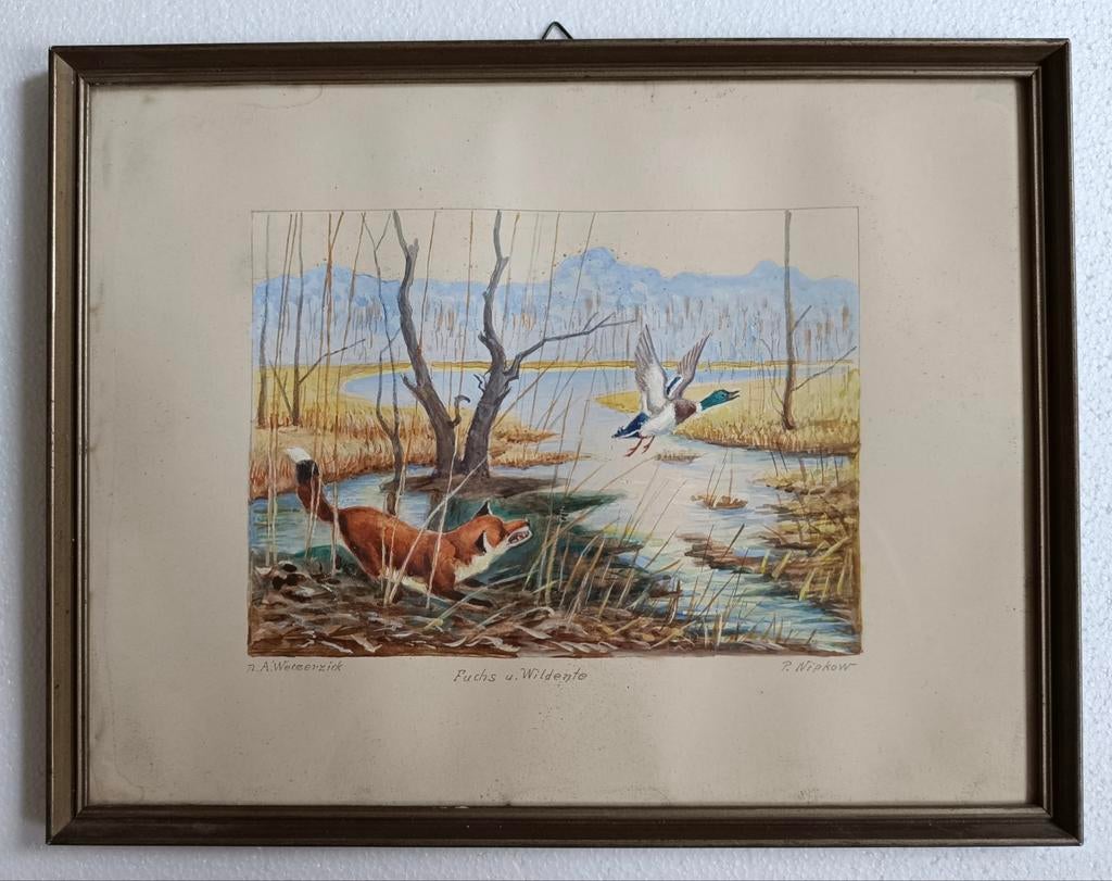 Paul Nipkow aquarel 1ste van 4 achter glas.Gesigneerd., Antiek en Kunst, Kunst | Schilderijen | Klassiek, Ophalen of Verzenden