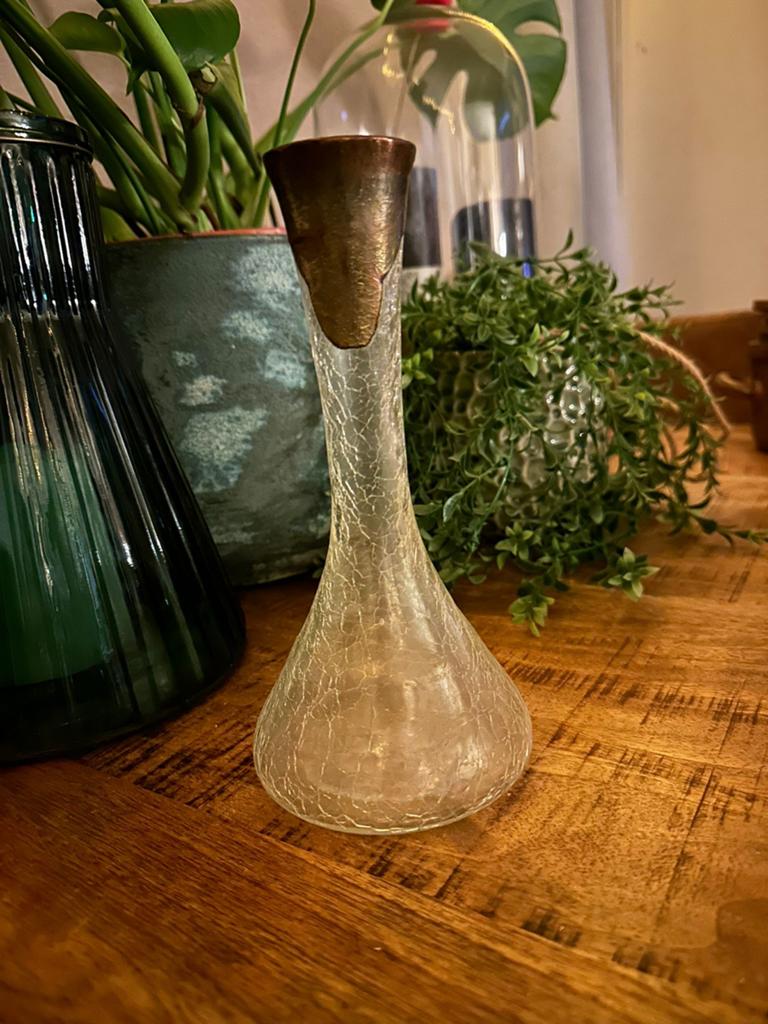 Vintage Craquelé Glas Vaas met Koperen Rand, Antiek en Kunst, Antiek | Glas en Kristal, Ophalen of Verzenden
