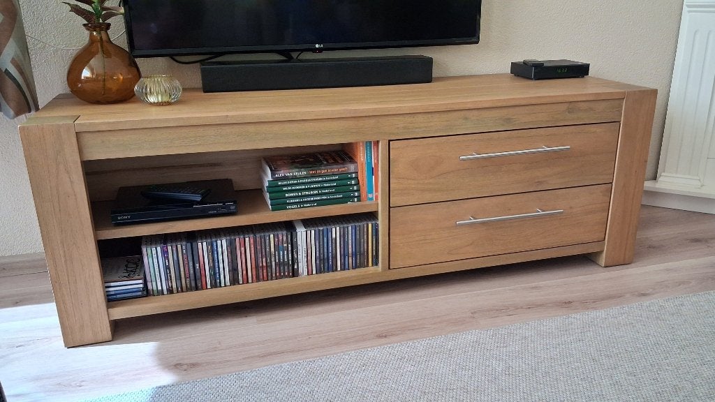 Massief Eiken TV meubel 150 cm breed, Huis en Inrichting, Ophalen, Gebruikt, 100 tot 150 cm, Eikenhout