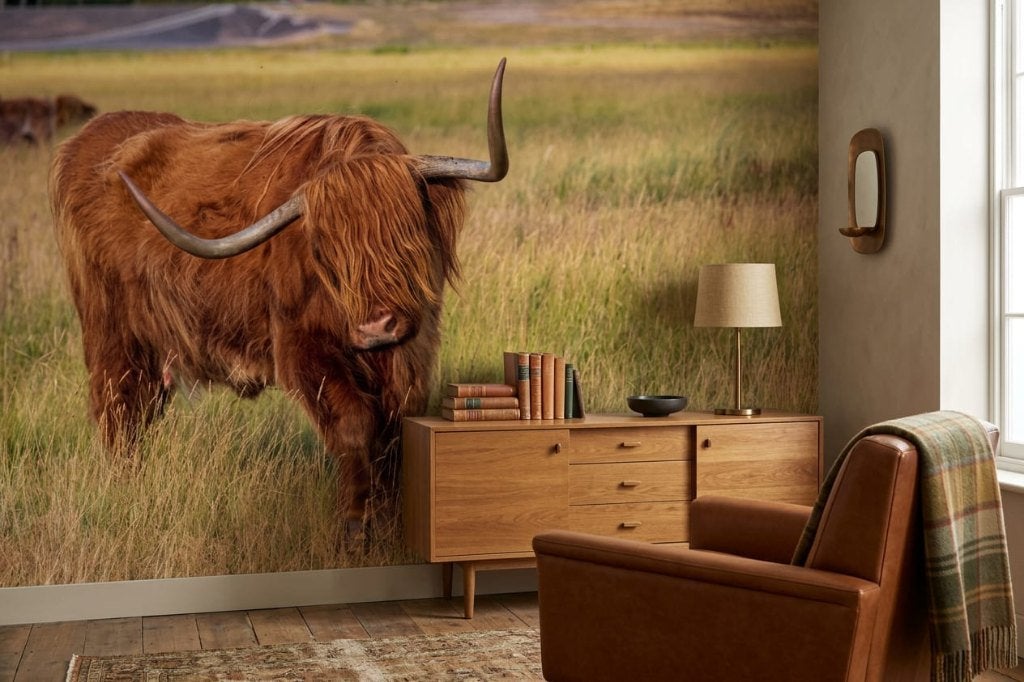 Fotobehang Schotse hooglander – stoer op maat, Natuurlijk, Overige merken, Ophalen of Verzenden, Groen