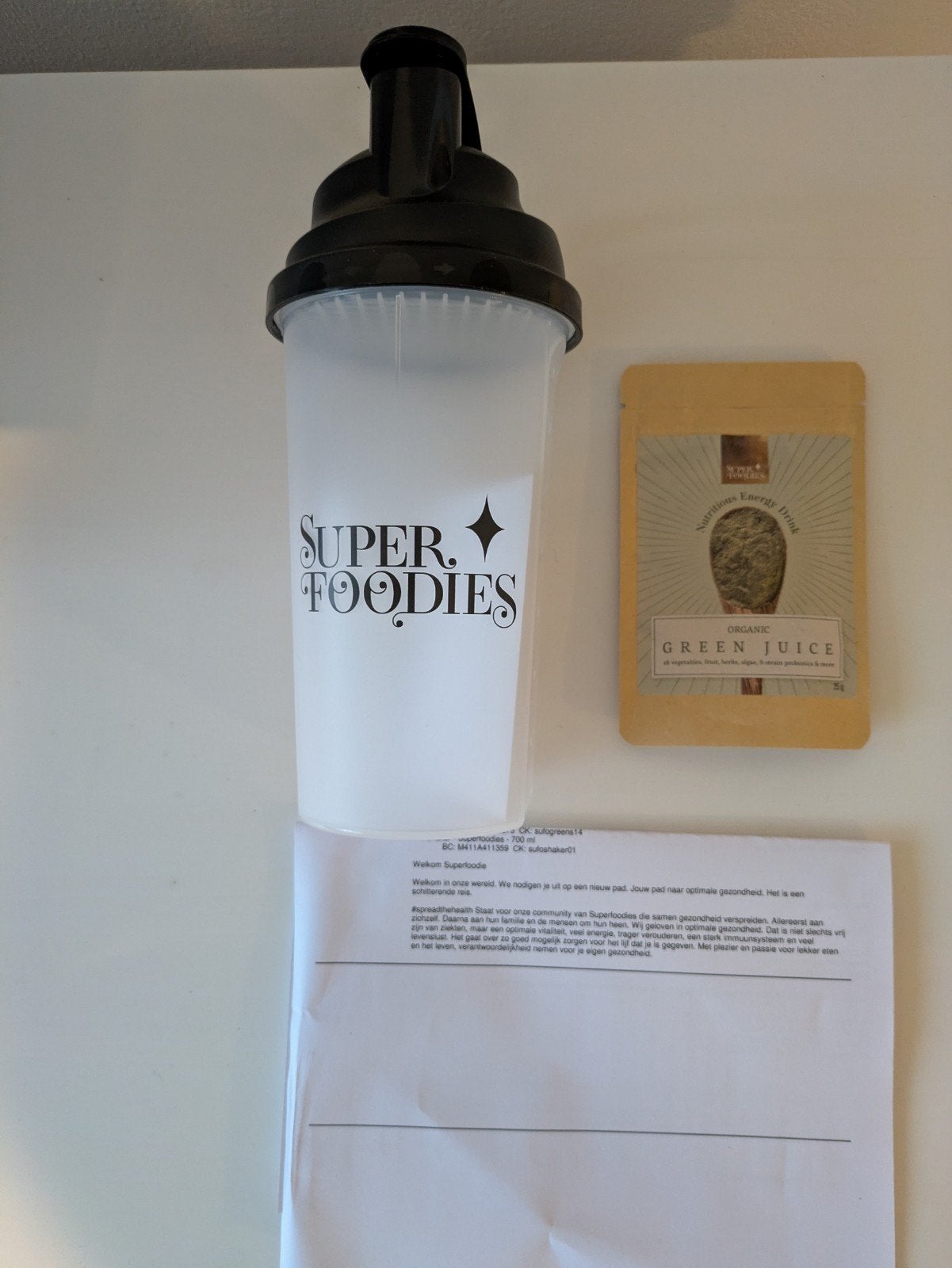 Nieuwe Superfoodies shaker + Green Juice sachet (5 drankjes), Ophalen of Verzenden, Nieuw, Poeder of Drank