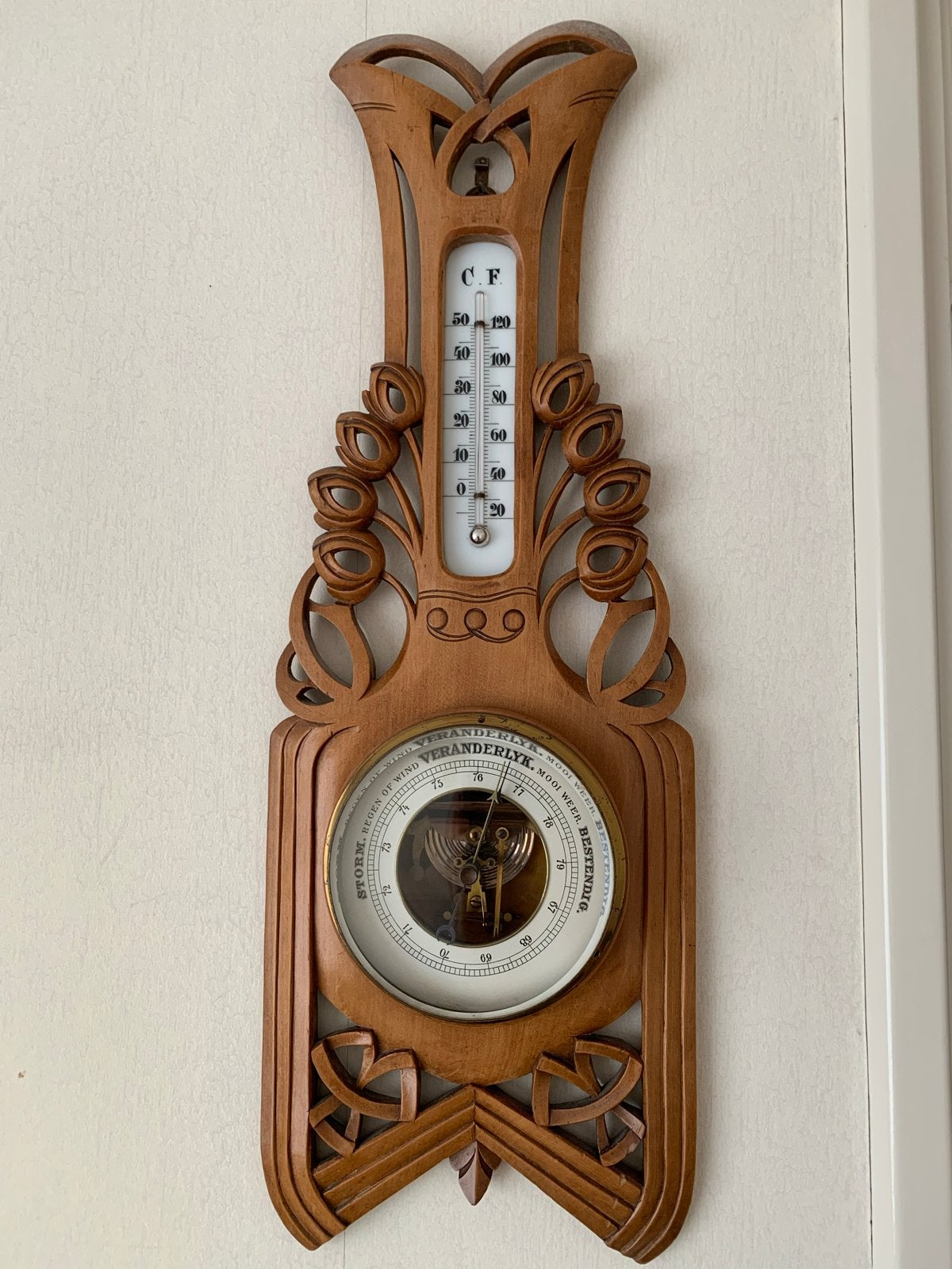 Antieke Barometer met Thermometer - Houtsnijwerk, Ophalen, Gebruikt, Barometer