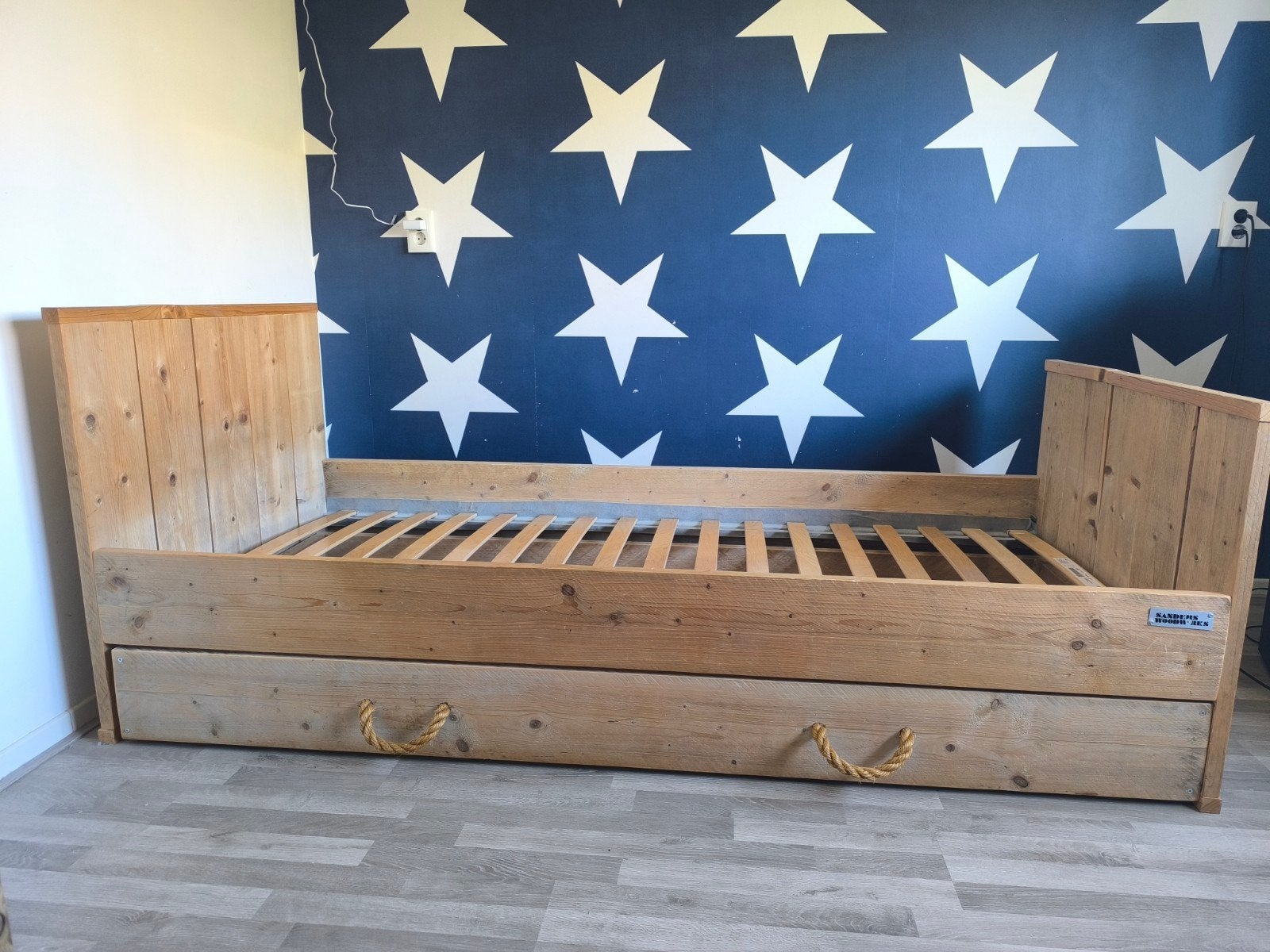 Bed steigerhout 90x200 + lattenbodem + matras, Ophalen, 180 cm of meer, 85 tot 100 cm, Lattenbodem