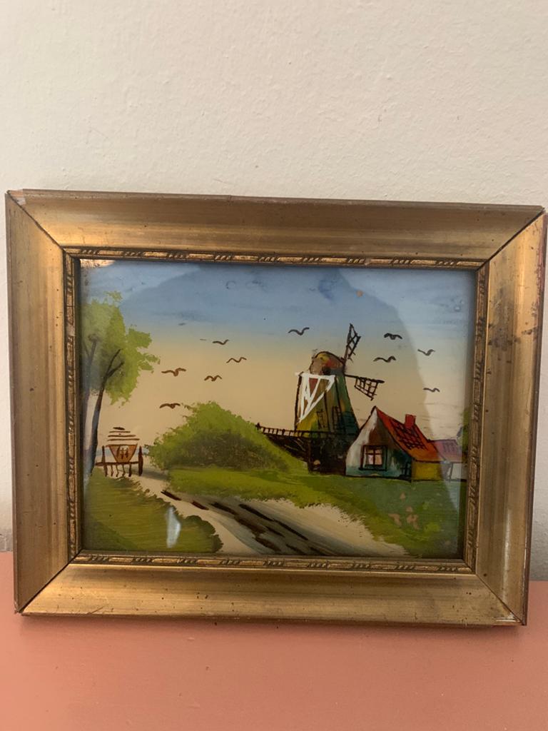 Vintage Schilderij Hollandse Molen Landschap Goudkleurige Li, Ophalen of Verzenden