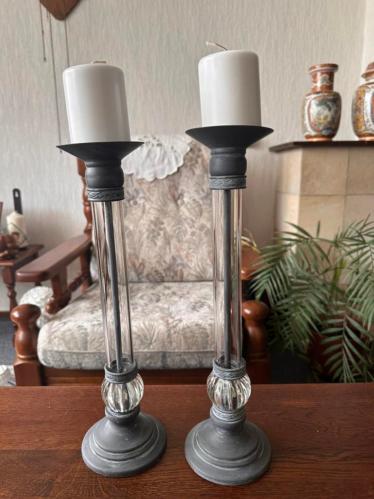 Kandelaars, van glas en metaal, Ophalen of Verzenden, Zo goed als nieuw, Overige materialen, Minder dan 25 cm