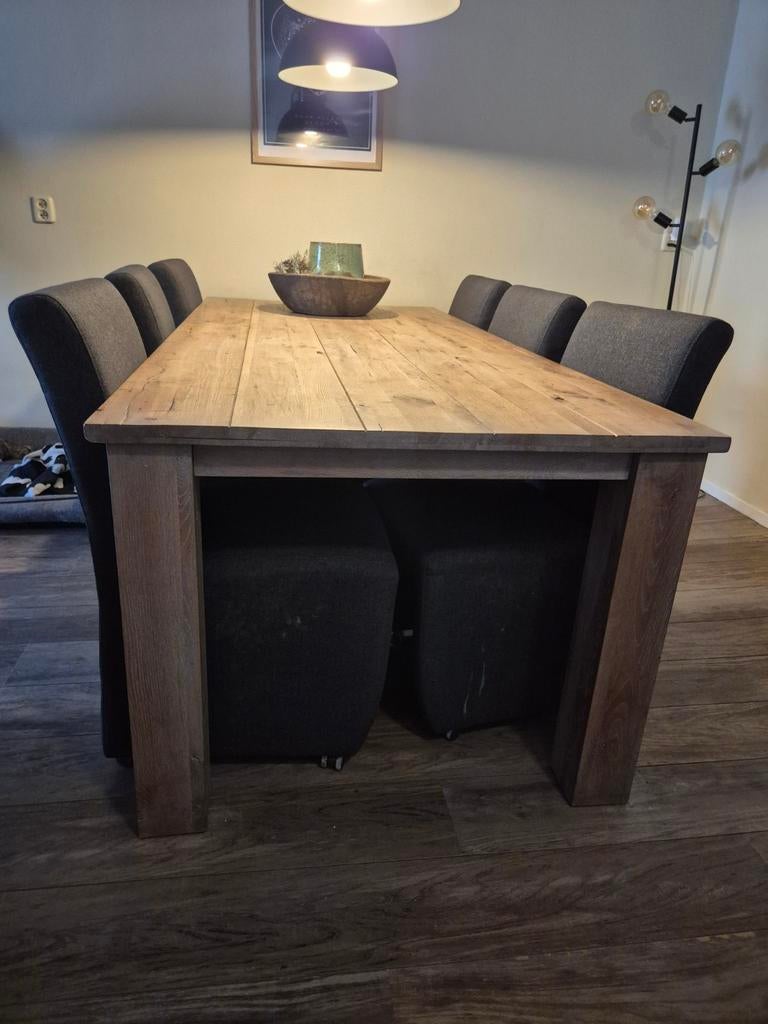 Eiken eettafel (200x100cm) met 6 antracietgrijze stoelen, Ophalen, Gebruikt, 100 tot 150 cm, Eikenhout