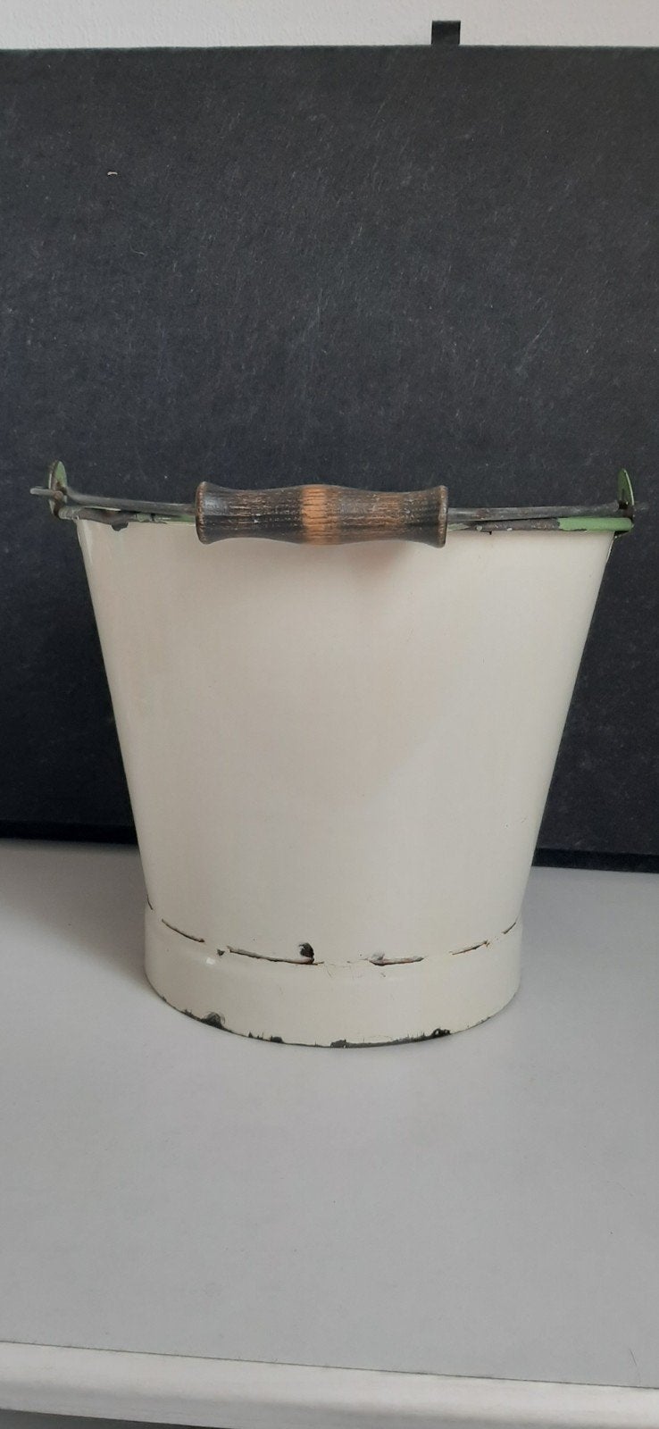 Vintage geëmailleerde emmer met houten handvat, Ophalen of Verzenden