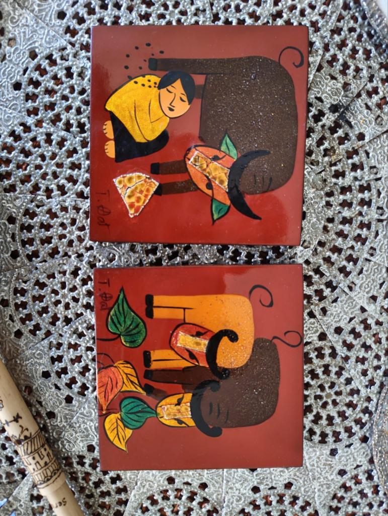 Set van 2 handgeschilderde tegels met landelijk tafereel, Antiek en Kunst, Antiek | Wandborden en Tegels, Ophalen of Verzenden