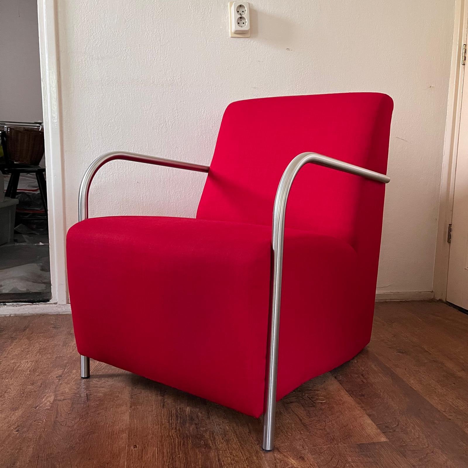 Design Fauteuil Rood met RVS Buisframe – Zo Goed Als Nieuw, Ophalen, Zo goed als nieuw, 75 tot 100 cm, 50 tot 75 cm