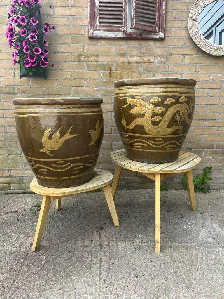 Set van 2 Chinese eierpotten met draak en vogels, Ophalen, Overige materialen, Gebruikt, Minder dan 60 cm