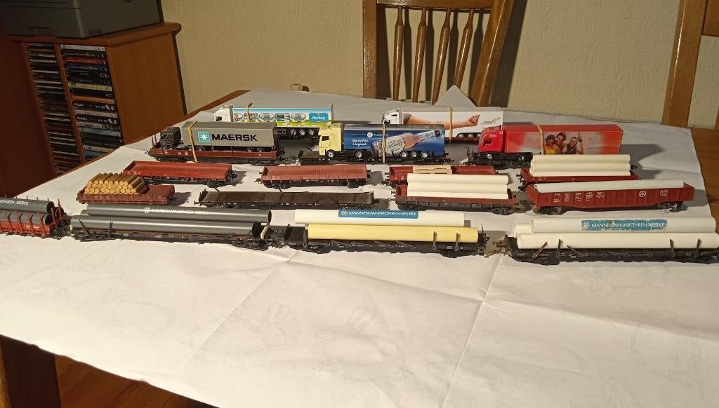 buizen wagons en platte wagons met vrachtwagens, Overige merken, Gebruikt, Gelijkstroom, Wagon