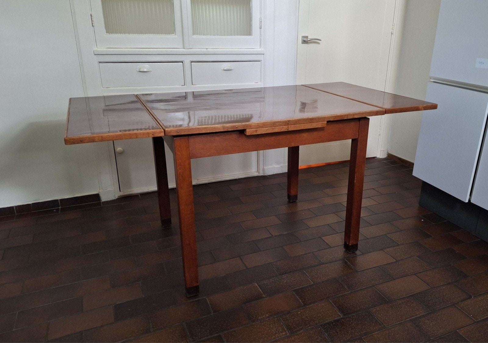 Vintage / Art Deco uitschuifbare eettafel, Ophalen, Gebruikt, Rechthoekig, 50 tot 100 cm