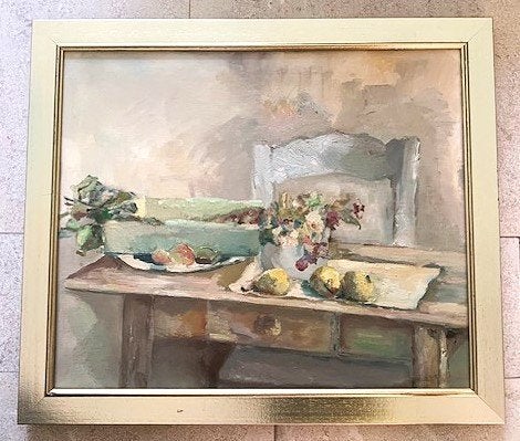 Stilleven op tafel met stoel - geen signering R. Heerkens ?, Antiek en Kunst, Kunst | Schilderijen | Klassiek, Doek, Stilleven