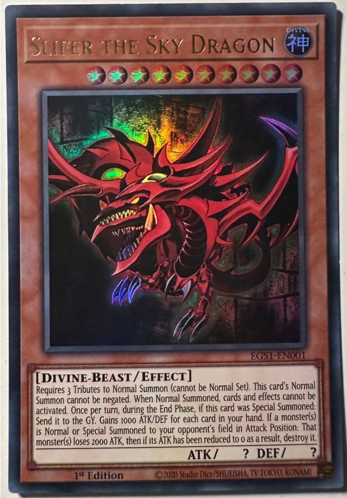 Yu-Gi-Oh! Slifer the Sky Dragon EGS1 1st Edition !, Ophalen of Verzenden, Zo goed als nieuw, Losse kaart, Foil