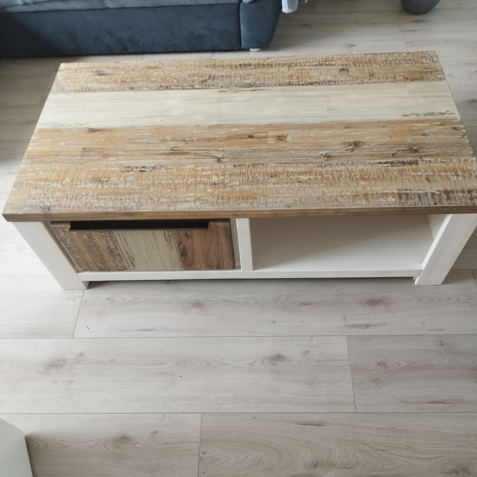 Salontafel met lades - Gerecycled hout en wit onderstel, Gebruikt, 100 tot 150 cm, 50 tot 100 cm, Landelijk, Industrieel