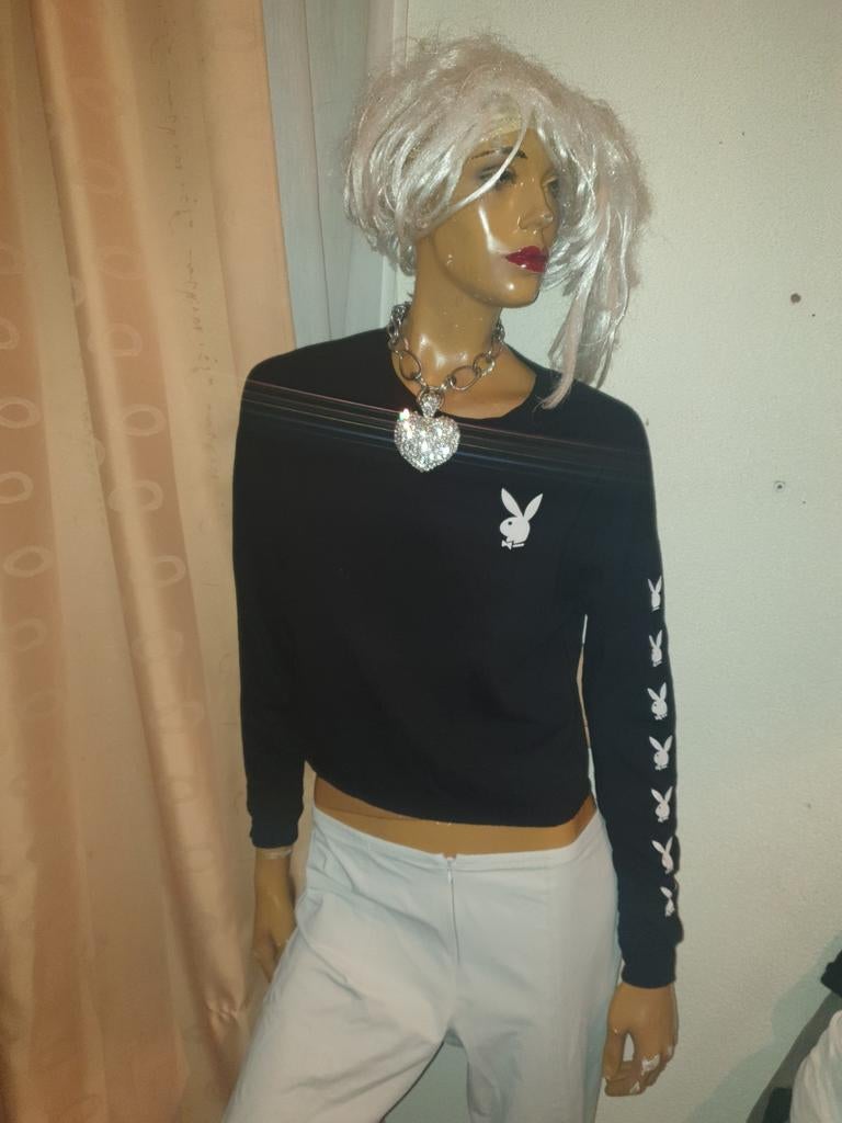 Playboy Cropped Trui Fb sister XS met Konijntjes op Mouwen, Zwart, Ophalen of Verzenden, Zo goed als nieuw, Maat 34 (XS) of kleiner