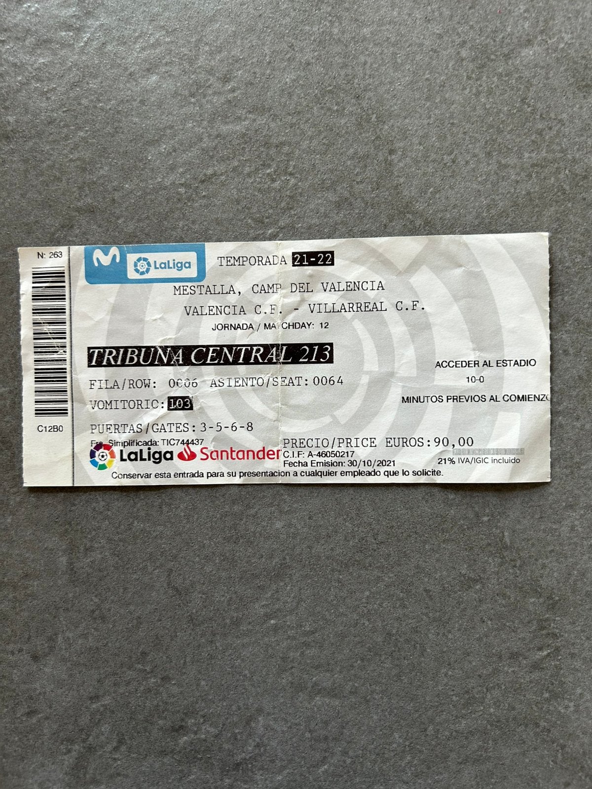 Valencia - Villarreal ticket, Ophalen of Verzenden, Gebruikt, Overige typen