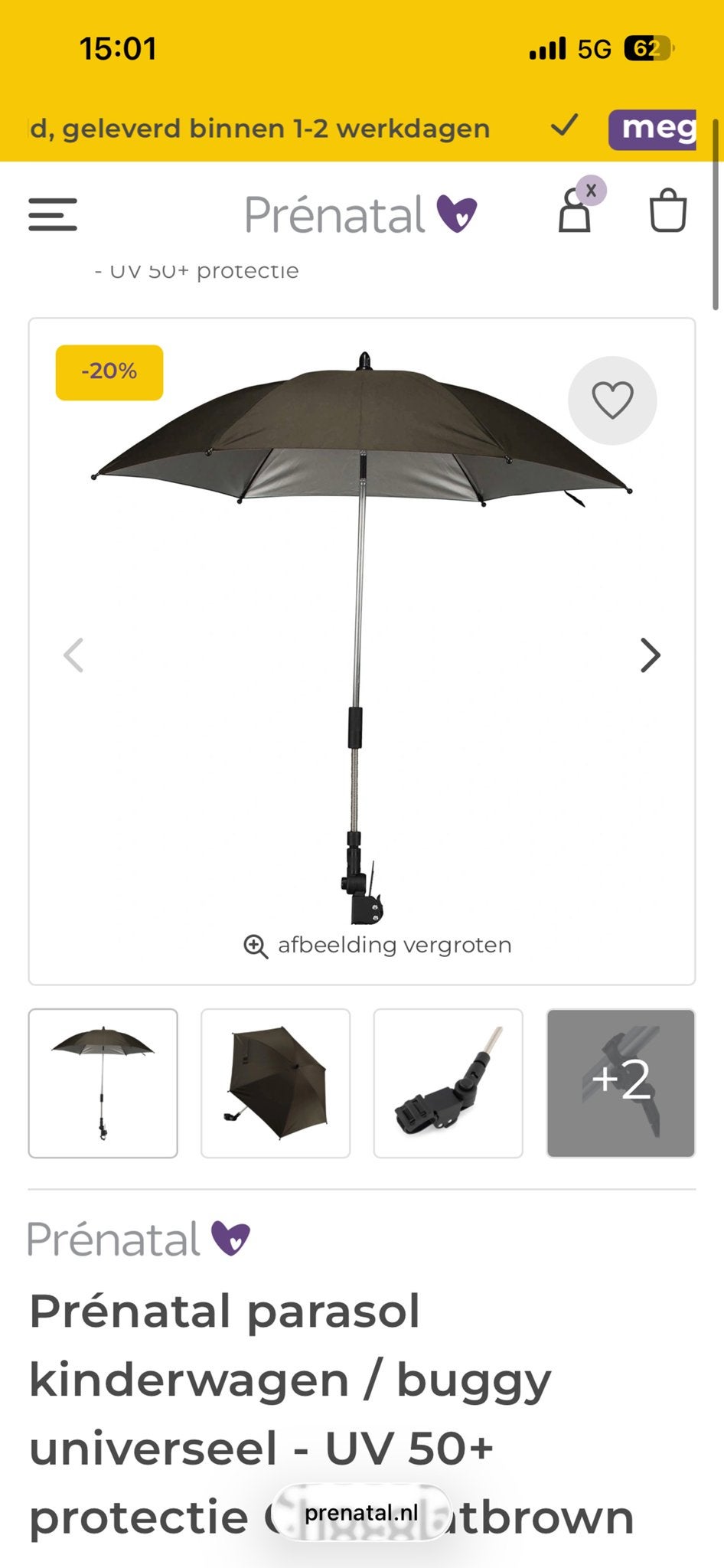 Prénatal parasol kinderwagen/buggy universeel - UV 50+, Ophalen, Zo goed als nieuw, Kinderwagen, Overige merken