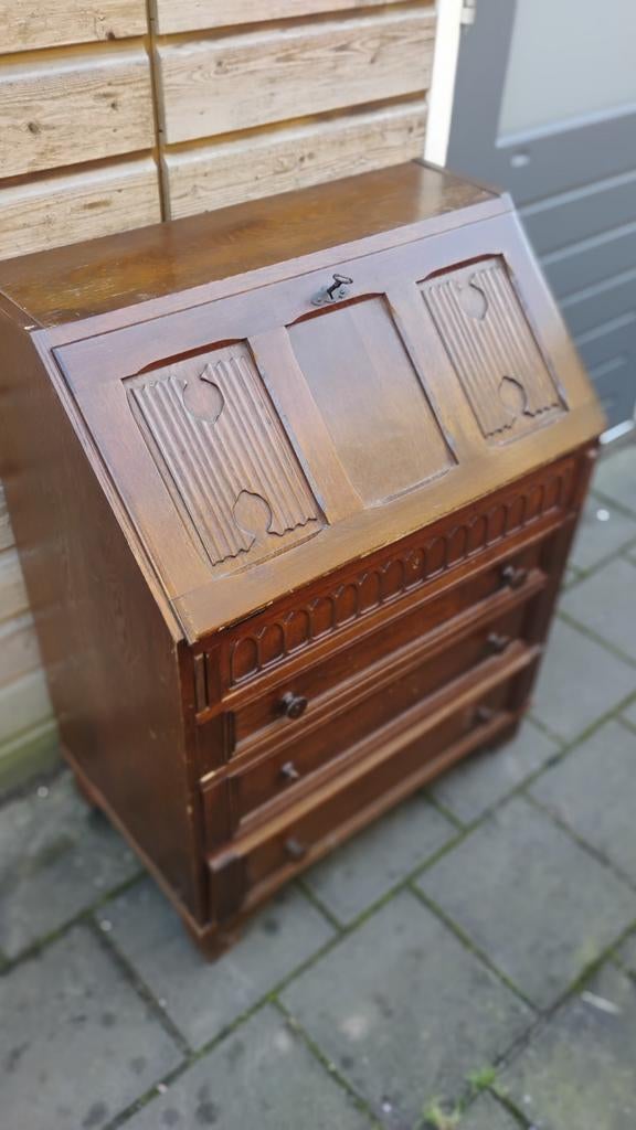 Antieke neogotische secretaire / klepbureau met lades, Huis en Inrichting, Kasten | Secretaires, Ophalen, Gebruikt, Neogotisch