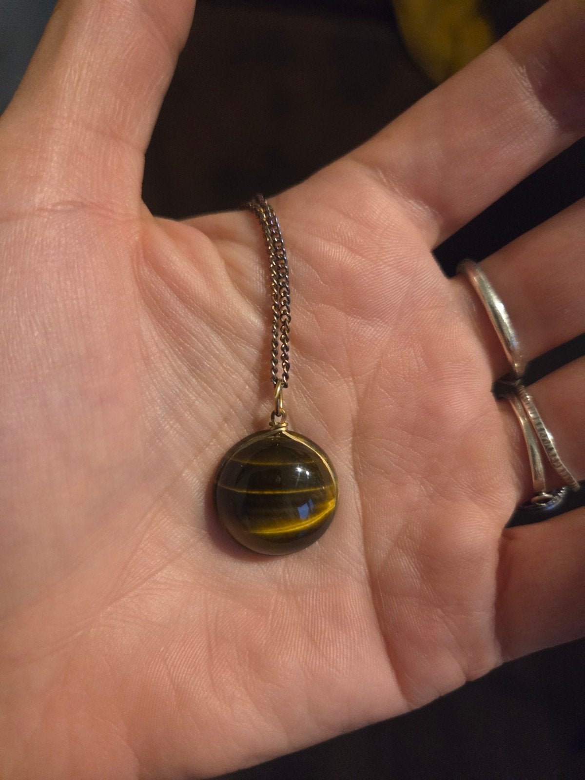 Vintage Tijgeroog Hanger aan Ketting - Erfstuk, Met hanger, Gebruikt, Bruin, Ophalen of Verzenden