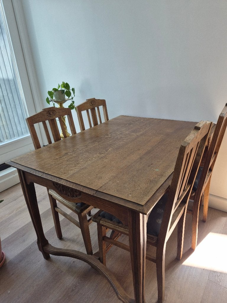 Mooie vintage houten tafel met 4 stoelen, Ophalen, Gebruikt, 100 tot 150 cm, 50 tot 100 cm