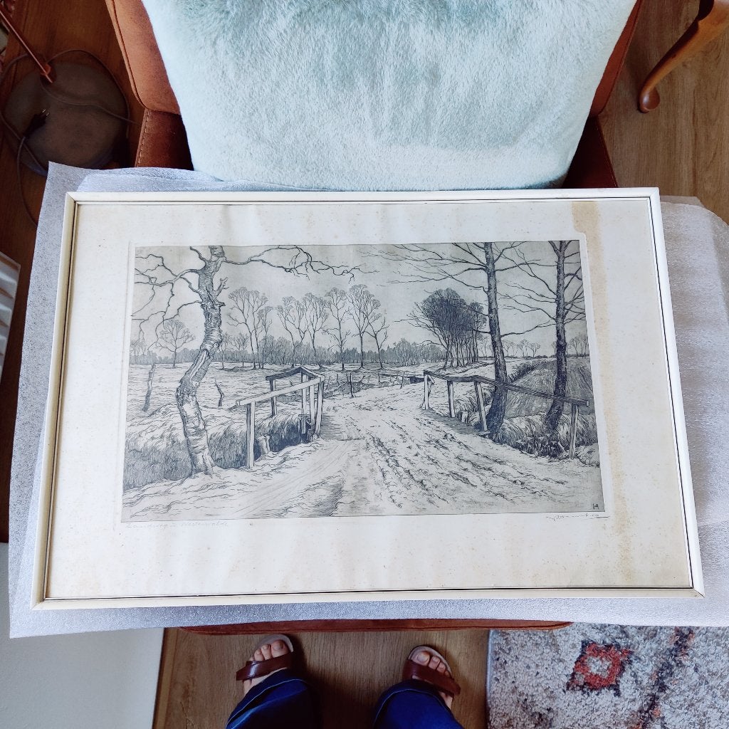 Ets van Johan Hemkes, Antiek en Kunst, Kunst | Etsen en Gravures, Ophalen, 44 cm, Ingelijst, Ets