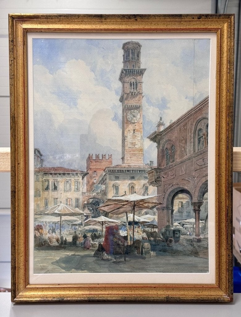 Antiek Louis Laurent Raze 1805-1873 Piazza delle Erbe italy, Ophalen of Verzenden, Aquarel, Bijzondere lijst, Papier
