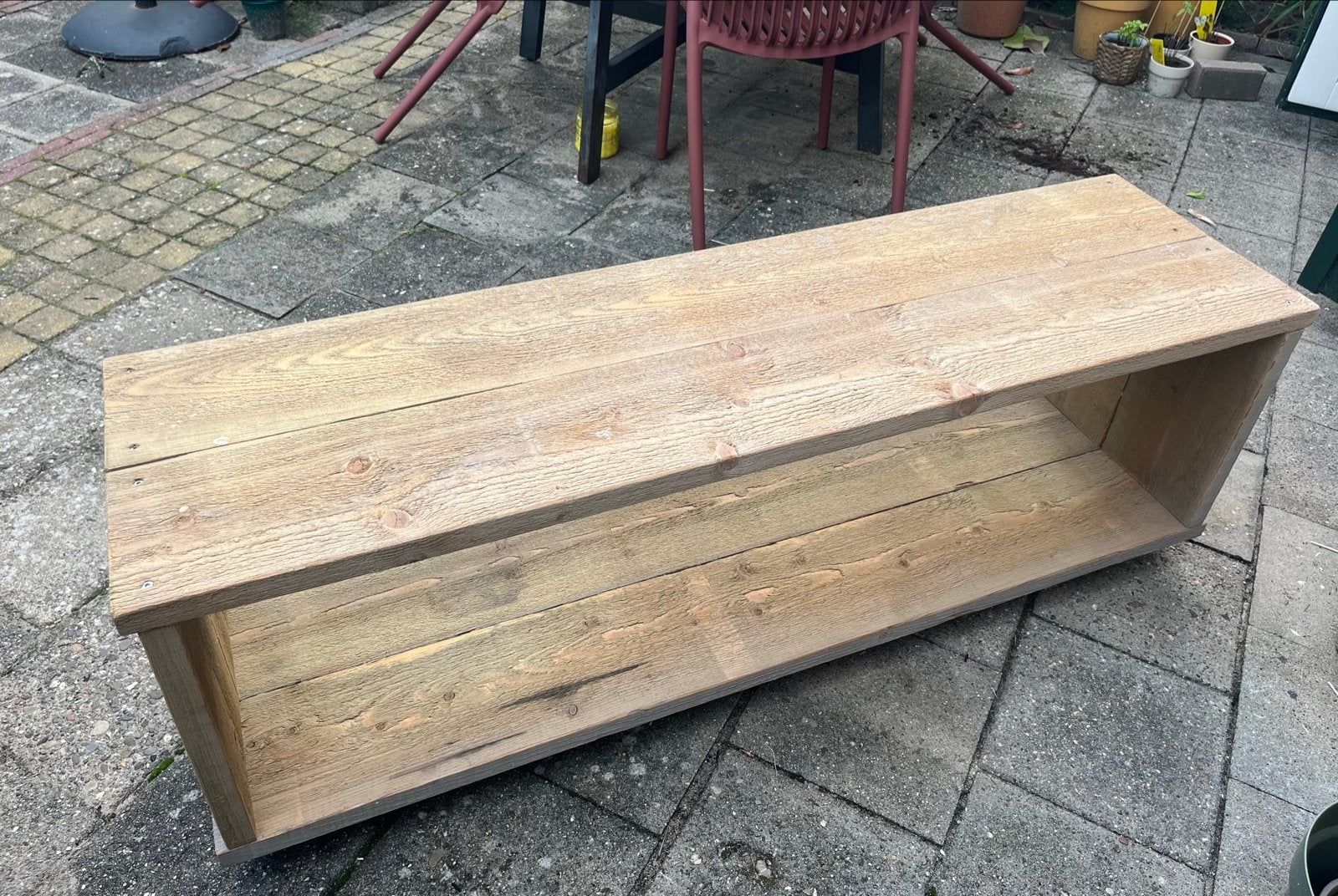 Steigerhouten tv meubel/ tafel met wieltjes, Ophalen, Hout, Gebruikt, Landelijk