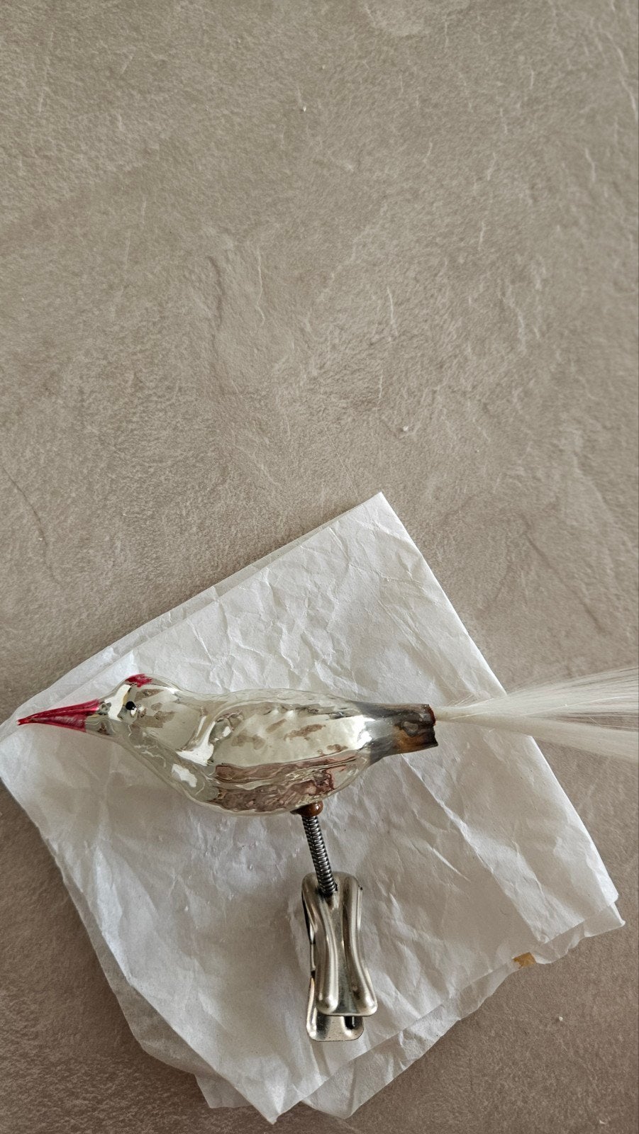 Antieke glazen kerstbal vogeltje op knijper, Ophalen of Verzenden