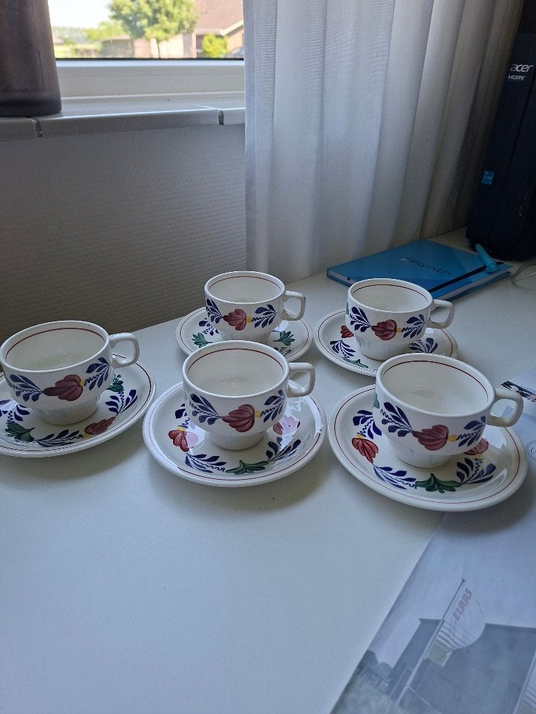 5 kop en schotels boerenbont, Ophalen, Gebruikt, Kop(pen) en/of Schotel(s), Aardewerk