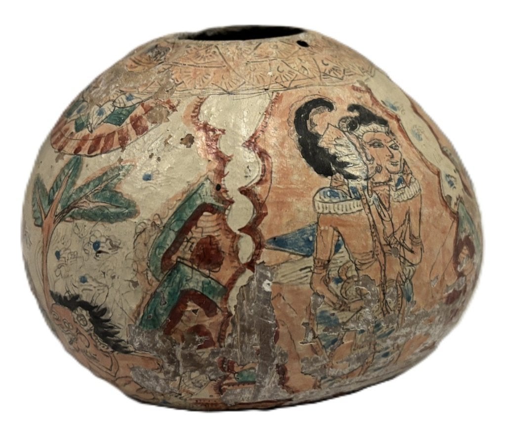 Beschilderde papier-maché pot met figuren in Balinese stijl, Gebruikt, Niet bekend (tweedehands product), Meerkleurig, Onbekend (tweedehands product)