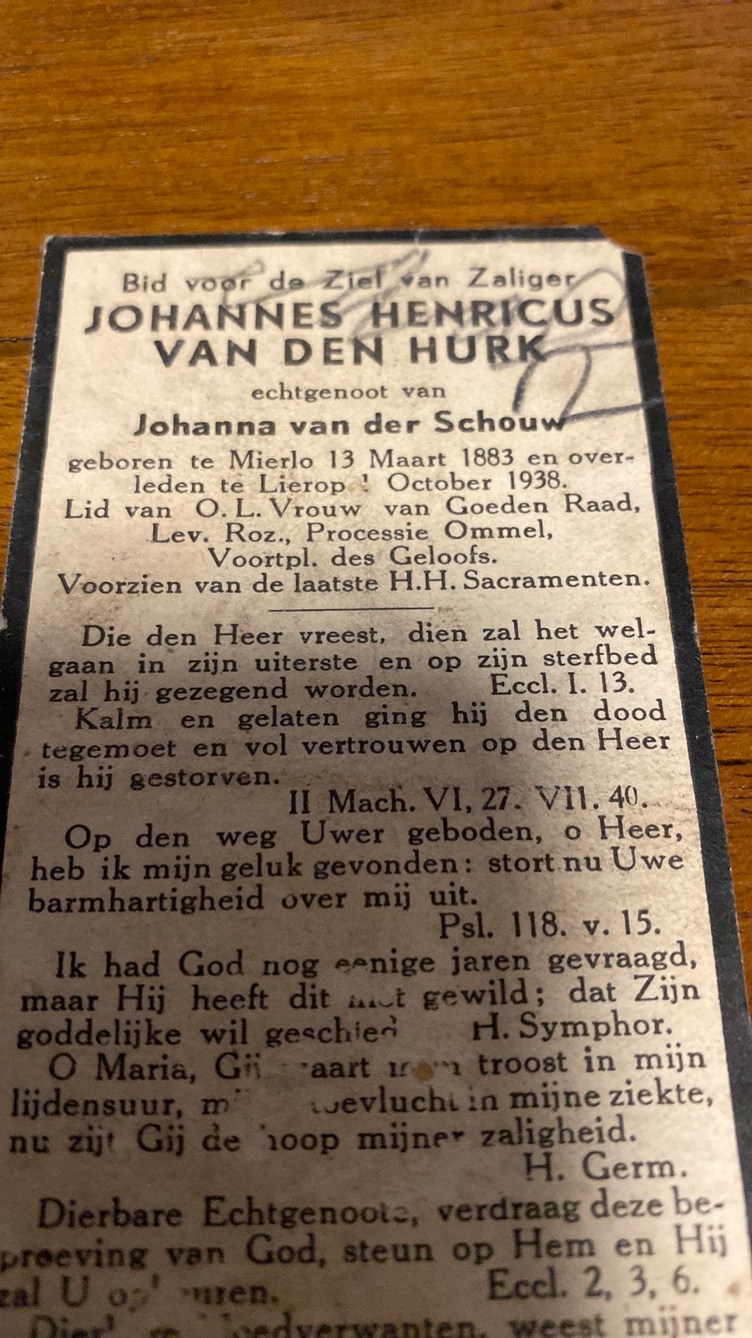 JH vd Hurk x vd Schouw 1883 Mierlo 1938 Lierop, Ophalen of Verzenden