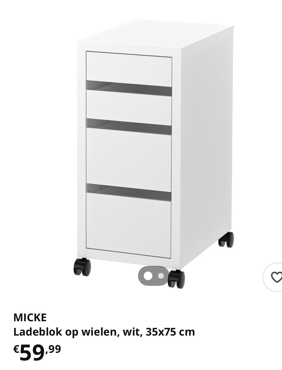 GEZOCHT! Micke ikea ladeblok op wielen, wit, 35x75 cm, Ophalen, Overige materialen, Minder dan 50 cm, Gebruikt