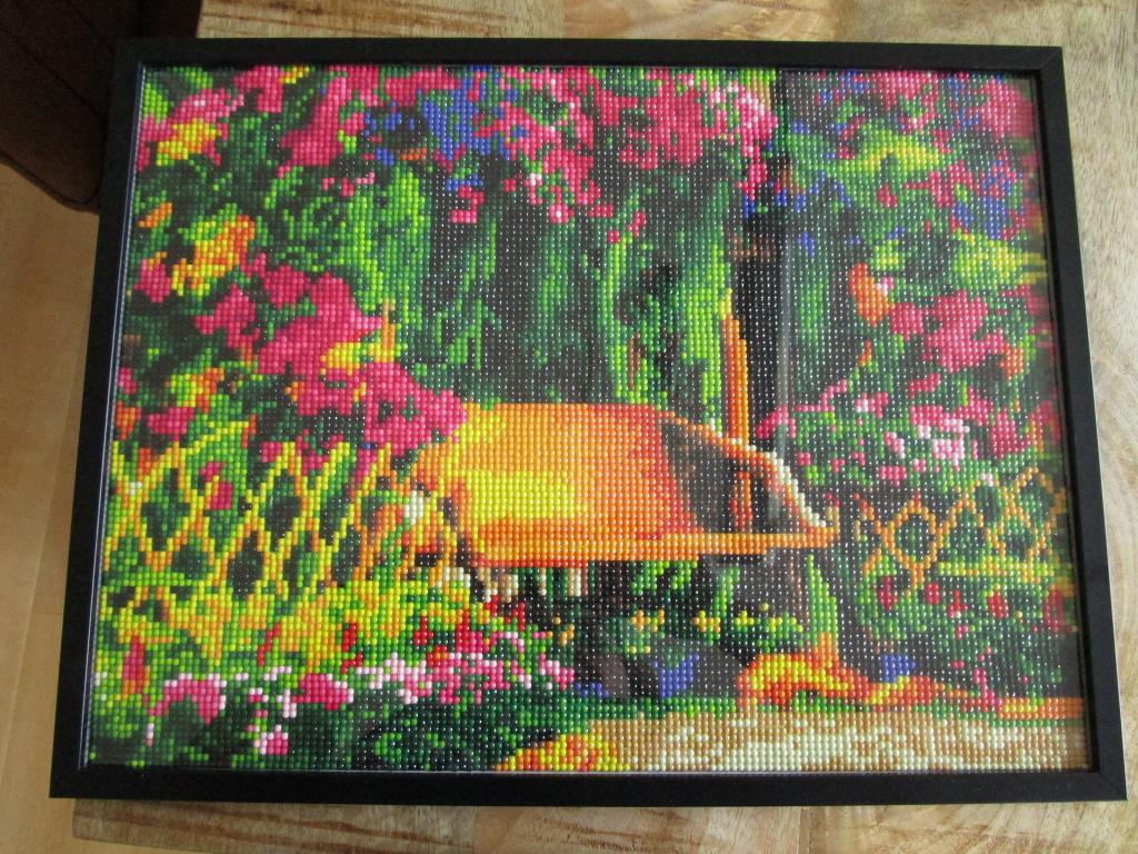 Ingelijste diamond painting - romantisch parkbankje, Minder dan 50 cm, Overige typen, Ophalen of Verzenden, Zo goed als nieuw