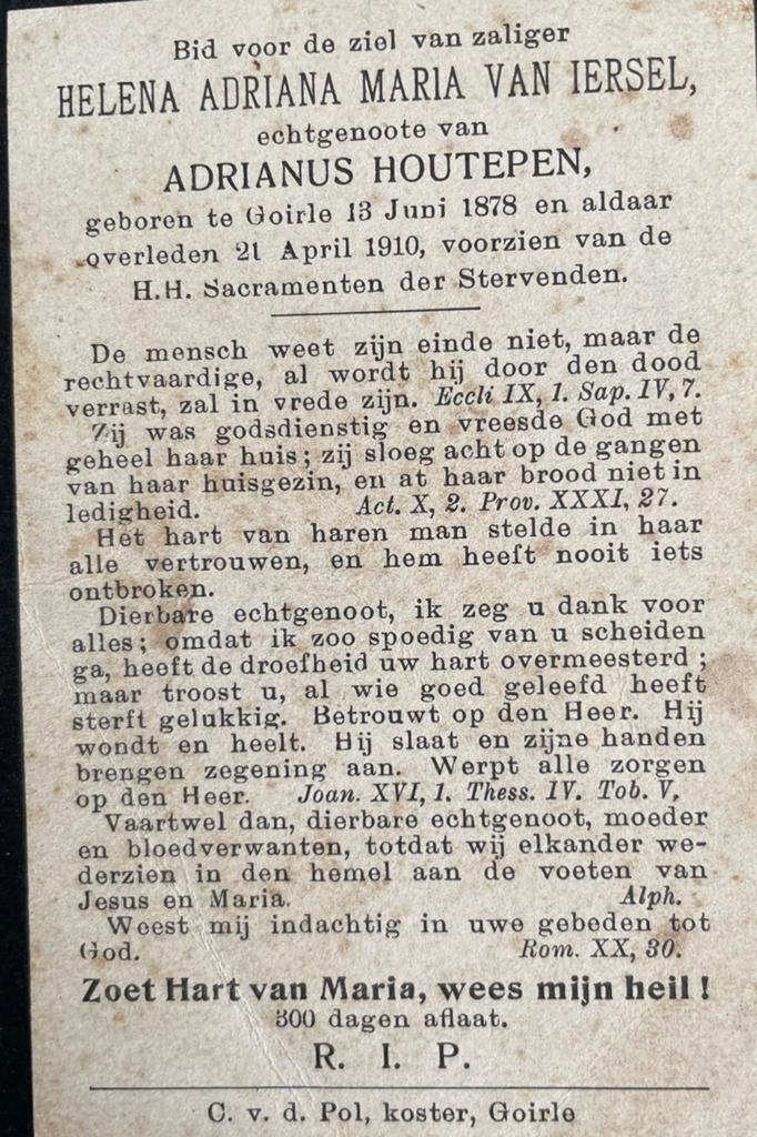 Helena adriana Maria van Iersel 1878 Goirle, Ophalen of Verzenden