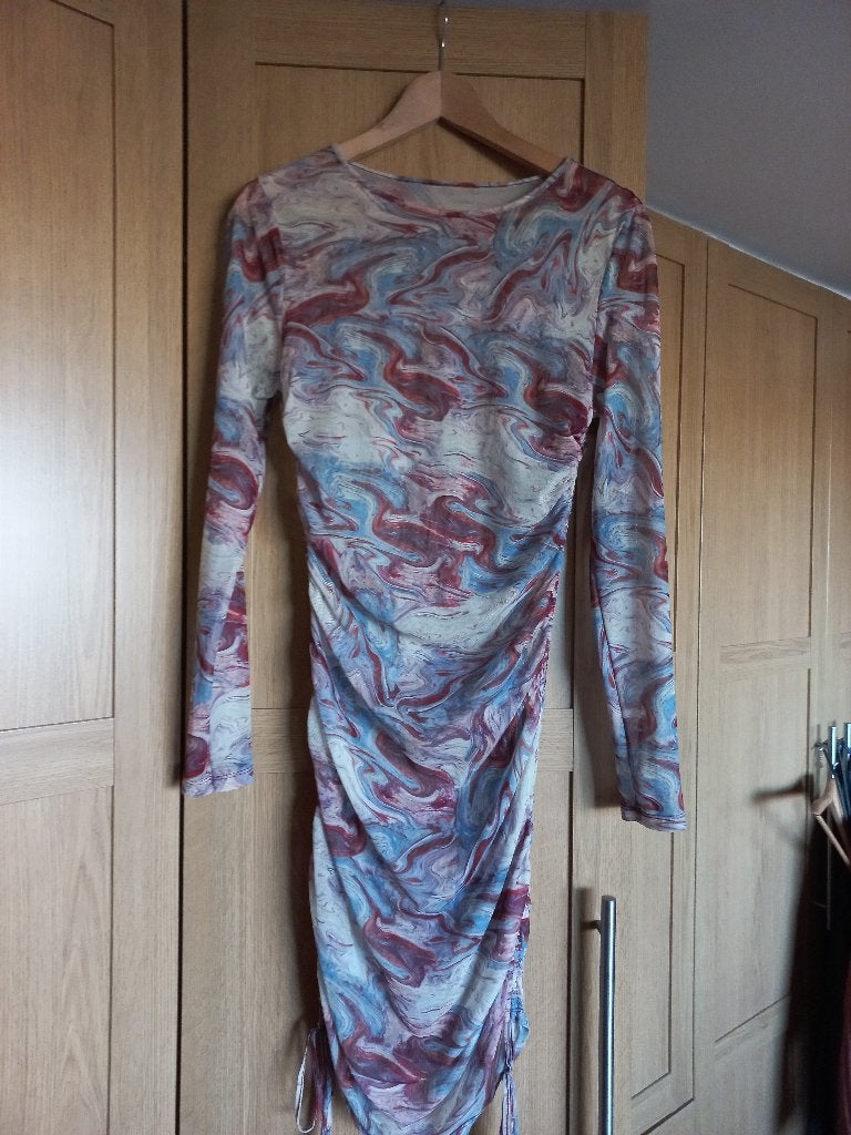 Roestbruin/blauwe "gaas" jurk, lange mouw, maat L., Kleding | Dames, Jurken, Ophalen of Verzenden, Zo goed als nieuw, Maat 42/44 (L)