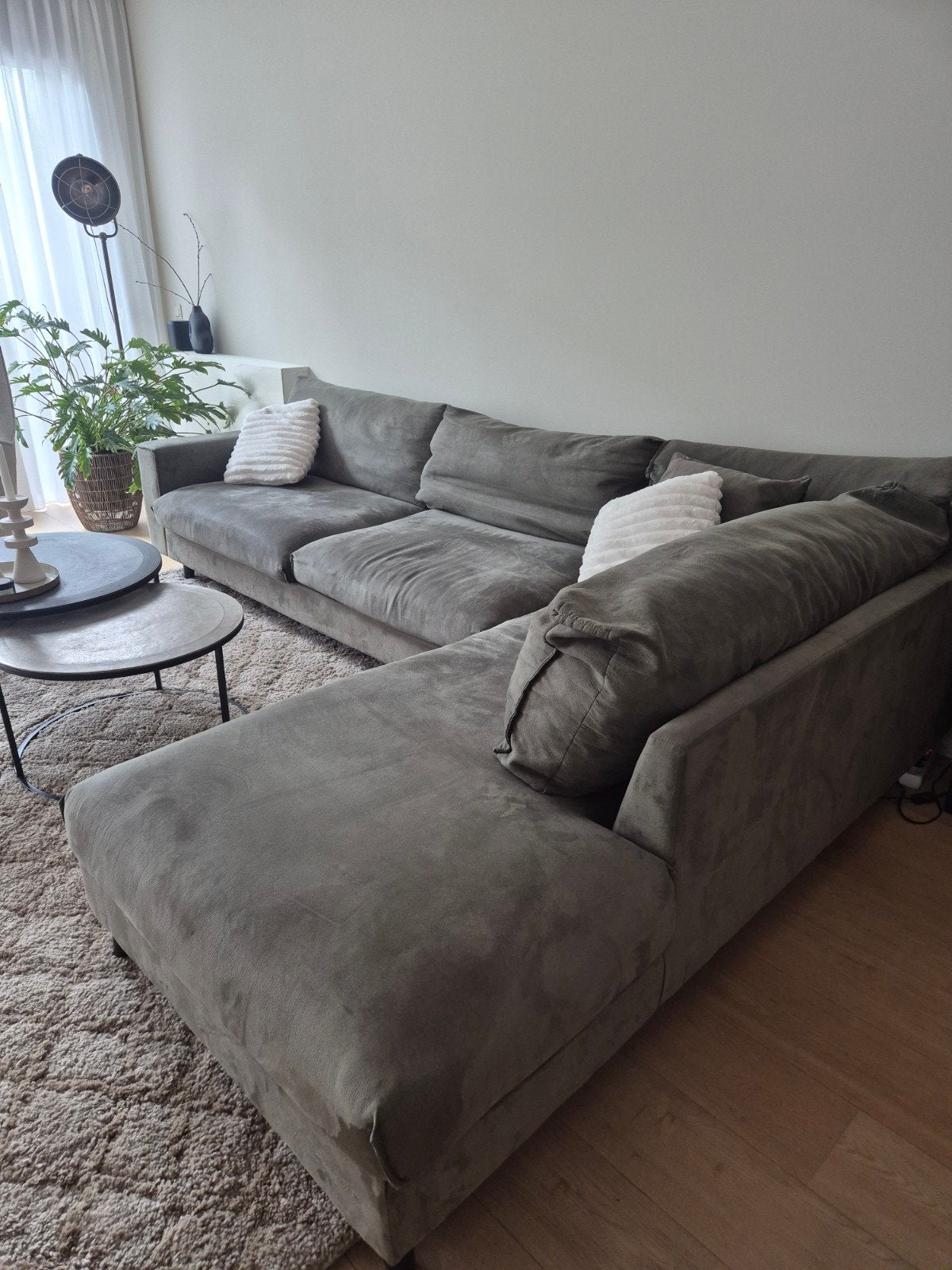 GRATIS: Hoekbank (kleur: vergrijsd groen), microleder, Ophalen, Gebruikt, Leer