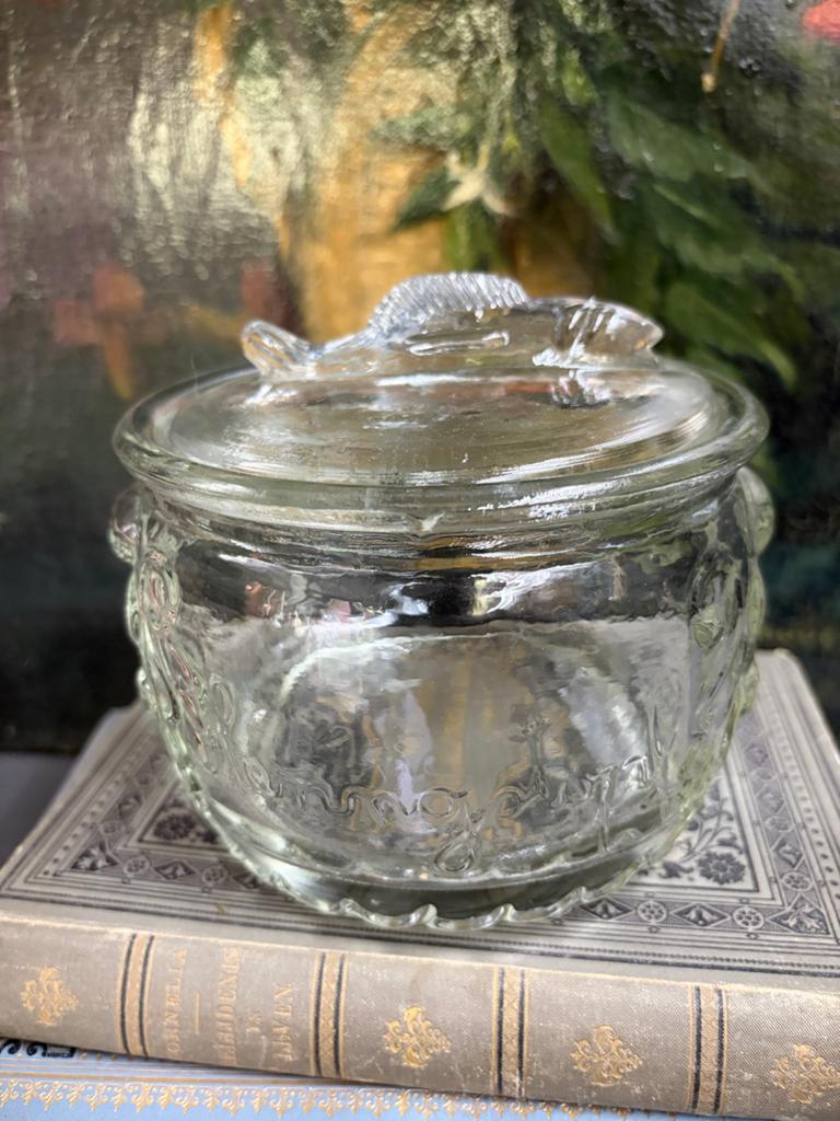 Vintage glazen pot met vis deksel, Antiek en Kunst, Ophalen of Verzenden