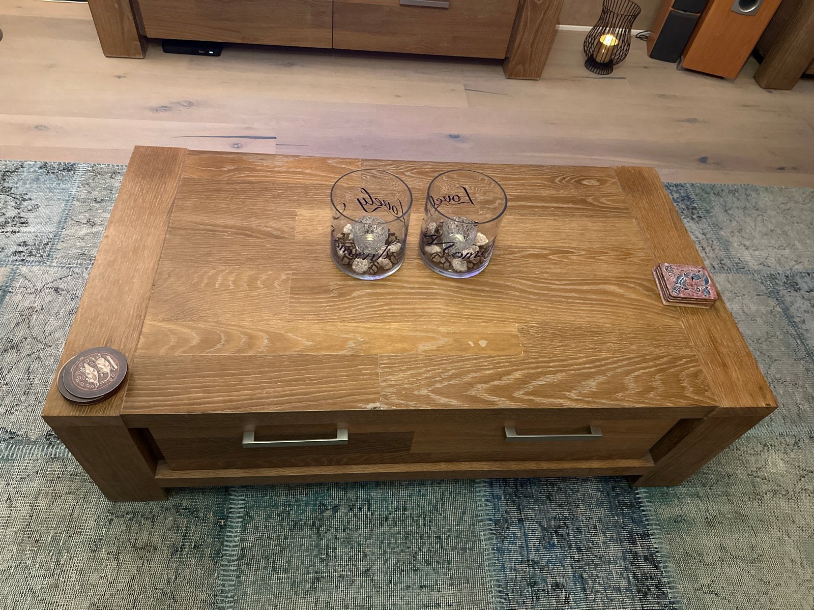 Massief eiken salontafel met lades, Ophalen, Gebruikt, 100 tot 150 cm, Eikenhout