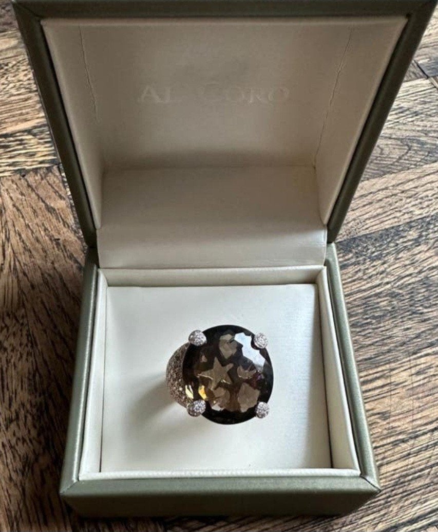Al Coro Ring met Grote Rookkwarts & Diamanten - Nieuw!, Bruin, Ophalen of Verzenden, Zo goed als nieuw, 17 tot 18