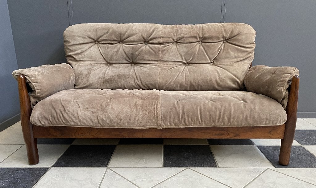 70 jaren 2 zit sofa Jean Gillion suède leer jatoba hout bank, Ophalen, 150 tot 200 cm, Tweepersoons, 75 tot 100 cm