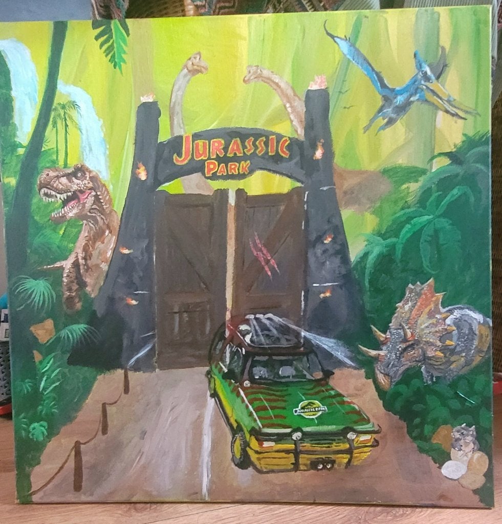 Jurassic park, dino schilderij, Ophalen of Verzenden, Zo goed als nieuw, Wanddecoratie