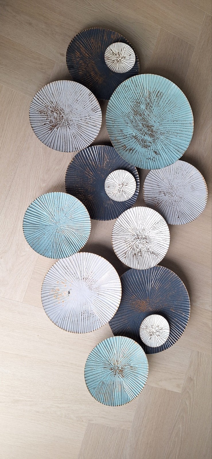 Muurdecoratie metaal, rond, blauw/grijs/wit, 150x70cm, Ophalen, Metaal, Wandsculptuur, Meerkleurig