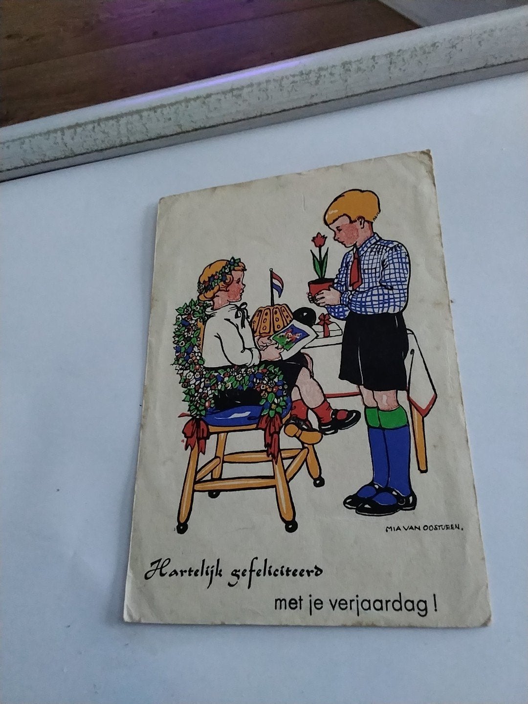 Vintage Verjaardagskaart - Mia van Oostveen - Gelopen, Ophalen of Verzenden