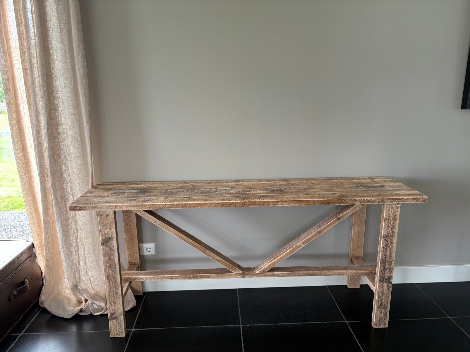 Mooie stoere houten sidetable, Ophalen, Stoer/Landelijk, Zo goed als nieuw, 150 tot 200 cm