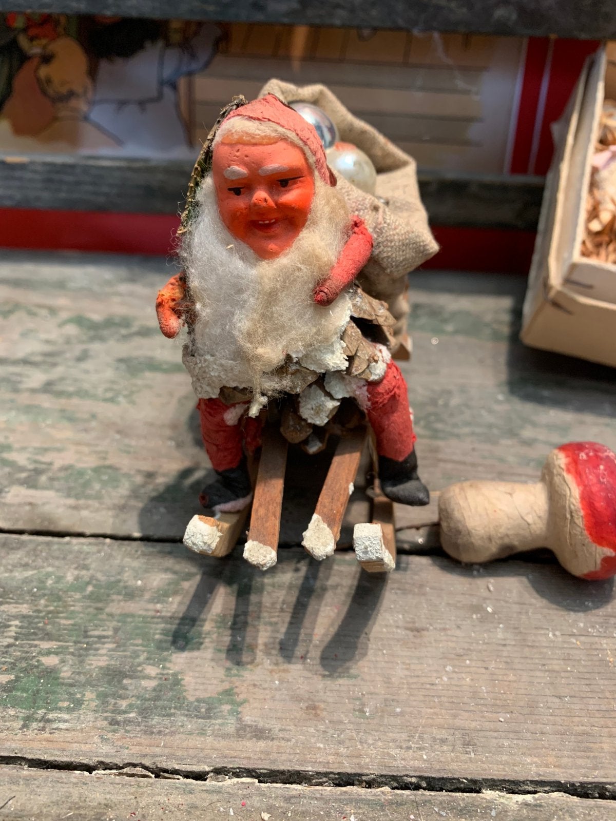 #kerst antieke kerstman op arreslede pinecone santa, Gebruikt, T, Ophalen of Verzenden, N