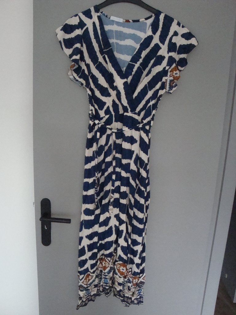Blauw witte Ibiza style jurk met bruine print. Maat L., Overige kleuren, Maat 42/44 (L), Ophalen of Verzenden, Zo goed als nieuw