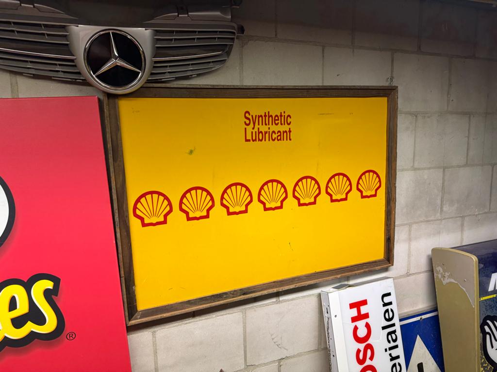 Vintage Shell Reclamebord - Synthetic Lubricant, Verzamelen, Ophalen, Reclamebord, Gebruikt, .