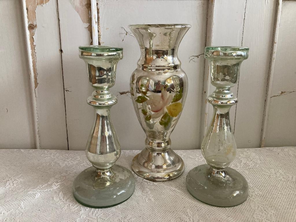 Brocante armeluis-zilver / Vaas & 2 kandelaars, Gebruikt, Overige kleuren, Ophalen of Verzenden, Glas